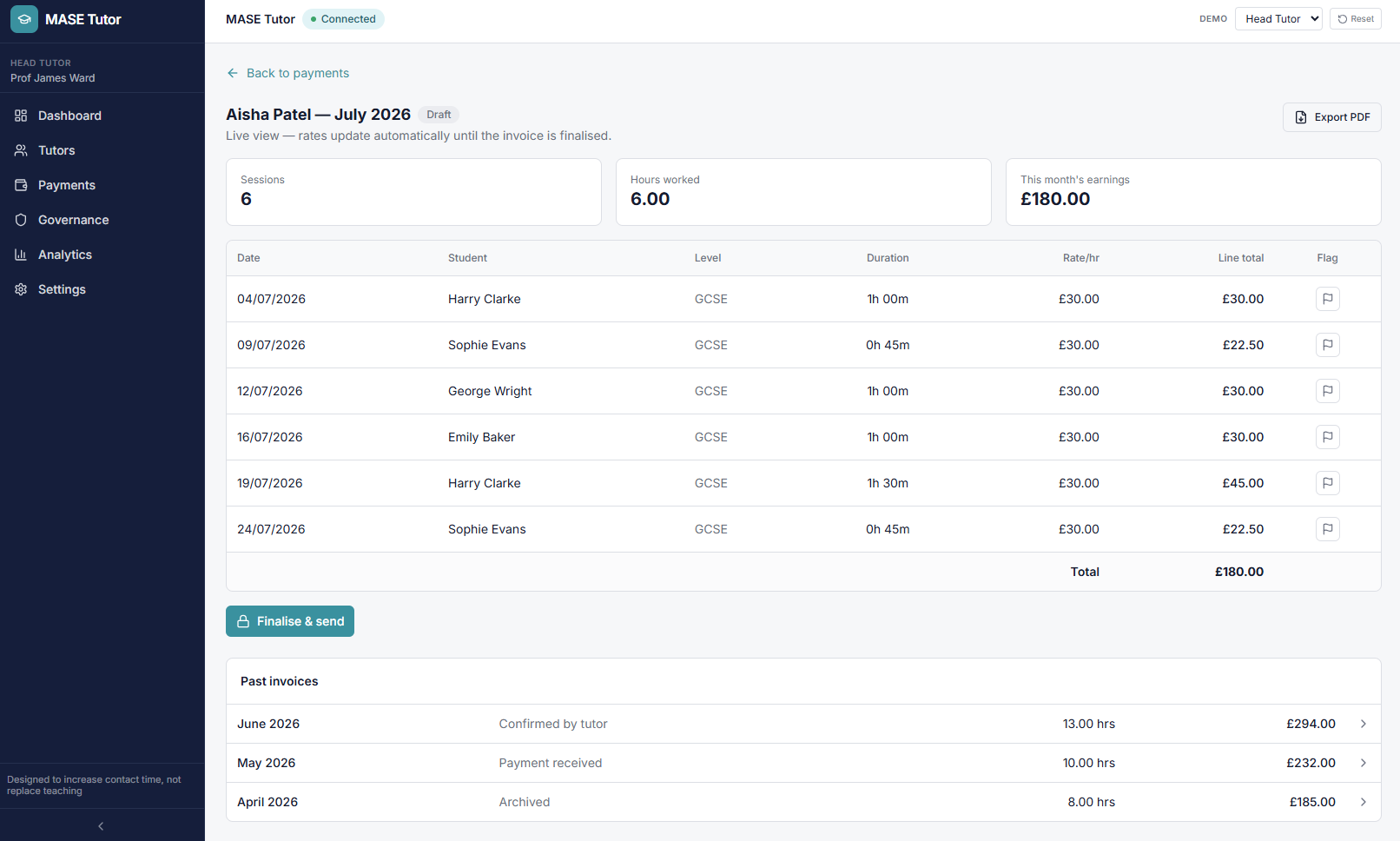 MASE head tutor invoice view showing sessions, hours, rates and totals